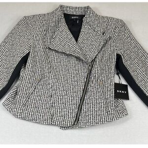 NEW DKNY Black White Asymmetrical Zipper Moto Jacket Museum Row Women’s 14 NEW